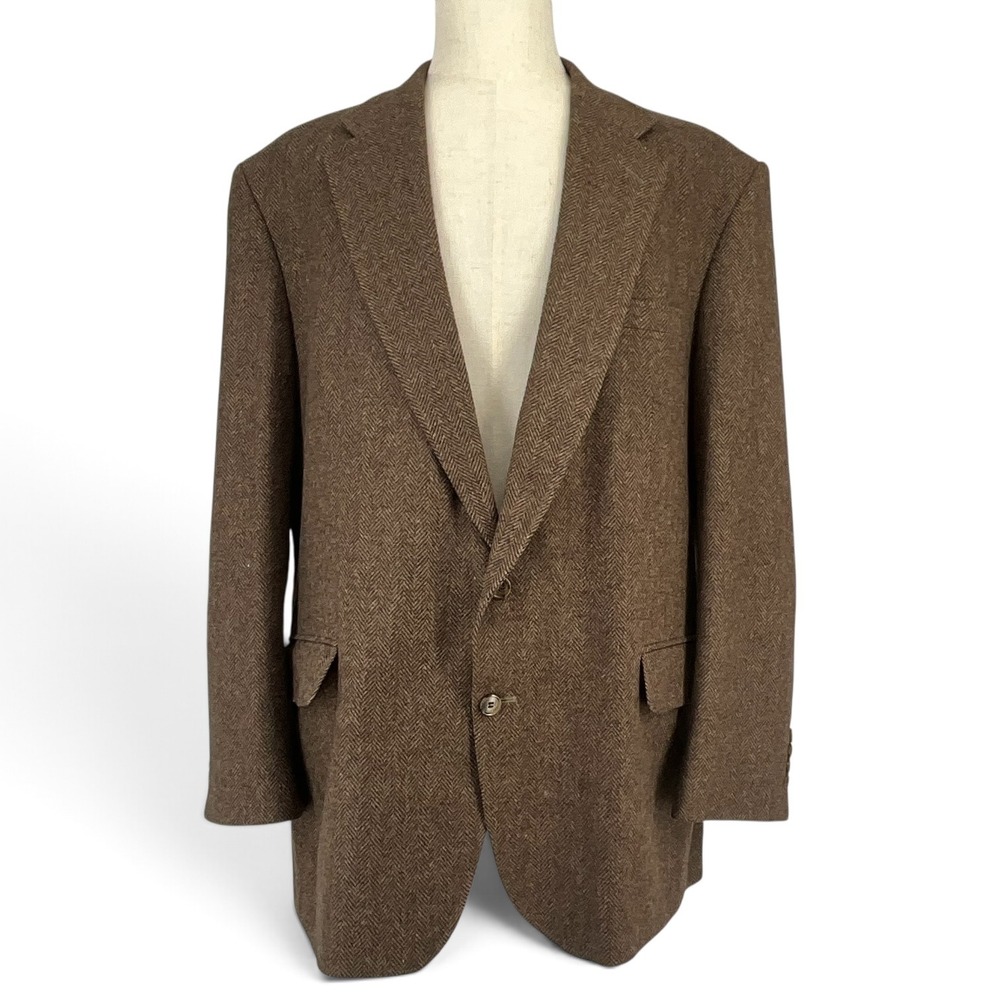 Lands End Mens 48L Brown Herringbone Wool Lambswool Blazer Sport Coat USA Made